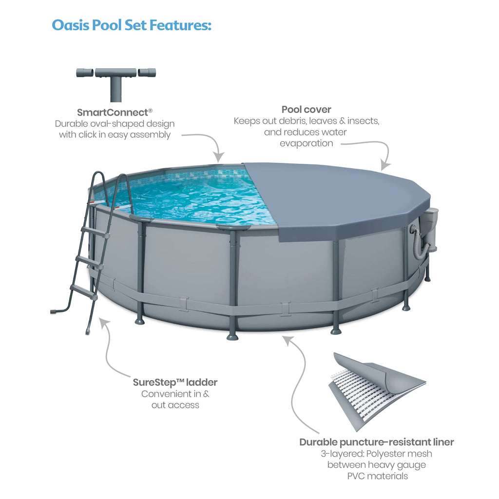 14 Ft Oasis round above Ground Metal Frame Swimming Pool, Includes Skimmerplus Pump, Age 6 & Up