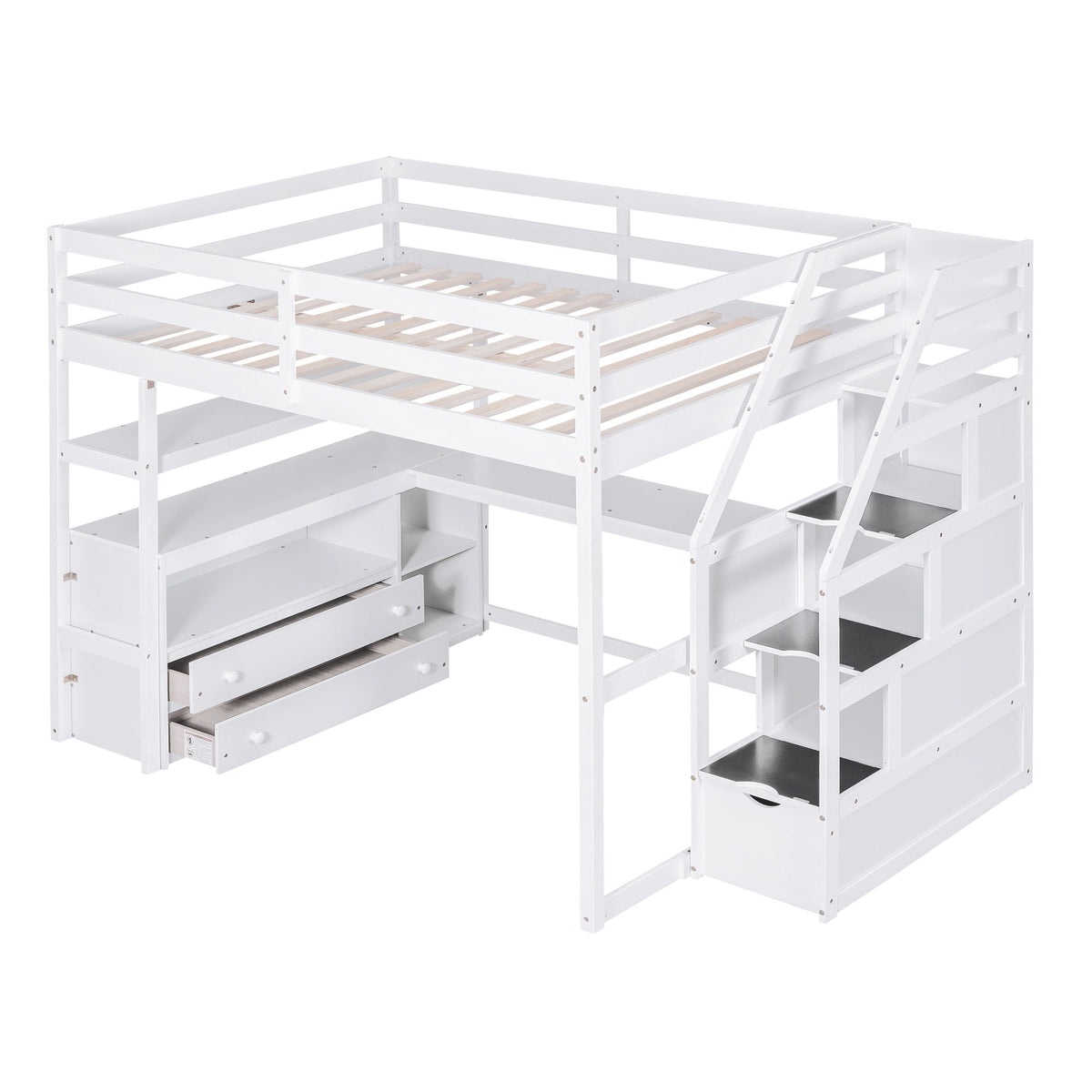 Loft Bed With Desk, Shelves, 2 Drawers, Storage Staircase