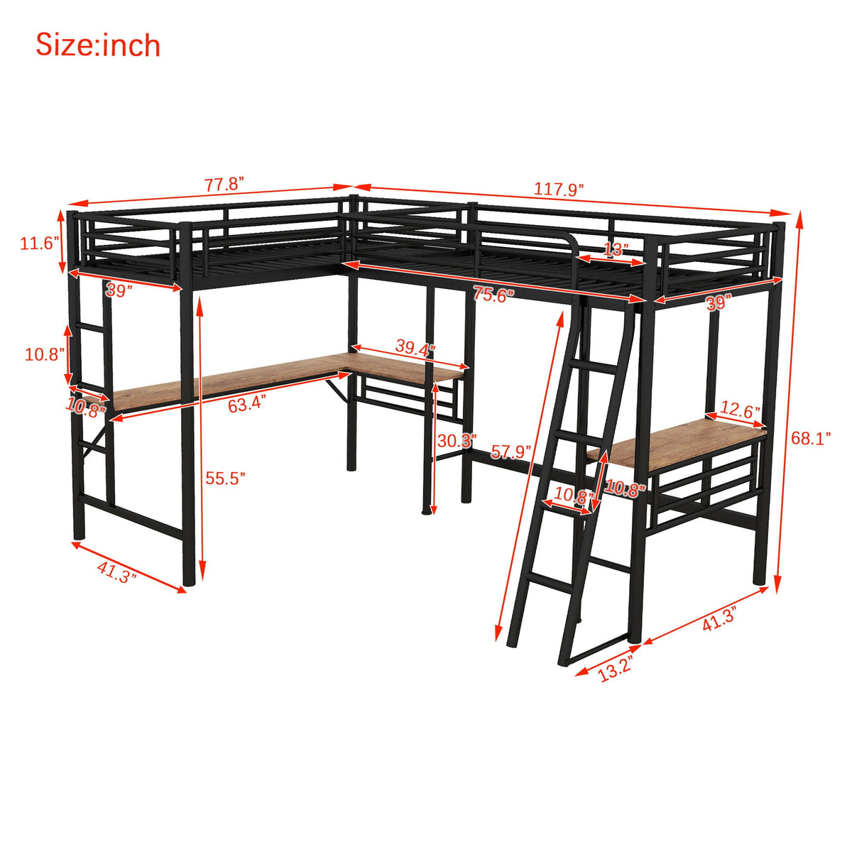 Twin Loft Bed With 2 Built In Desks, Mission Style - Black