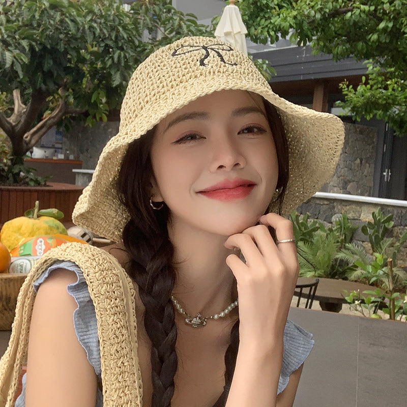 Adjustable Bow Straw Hat Female Summer Travel Sun-proof Beach Seaside Sunhat