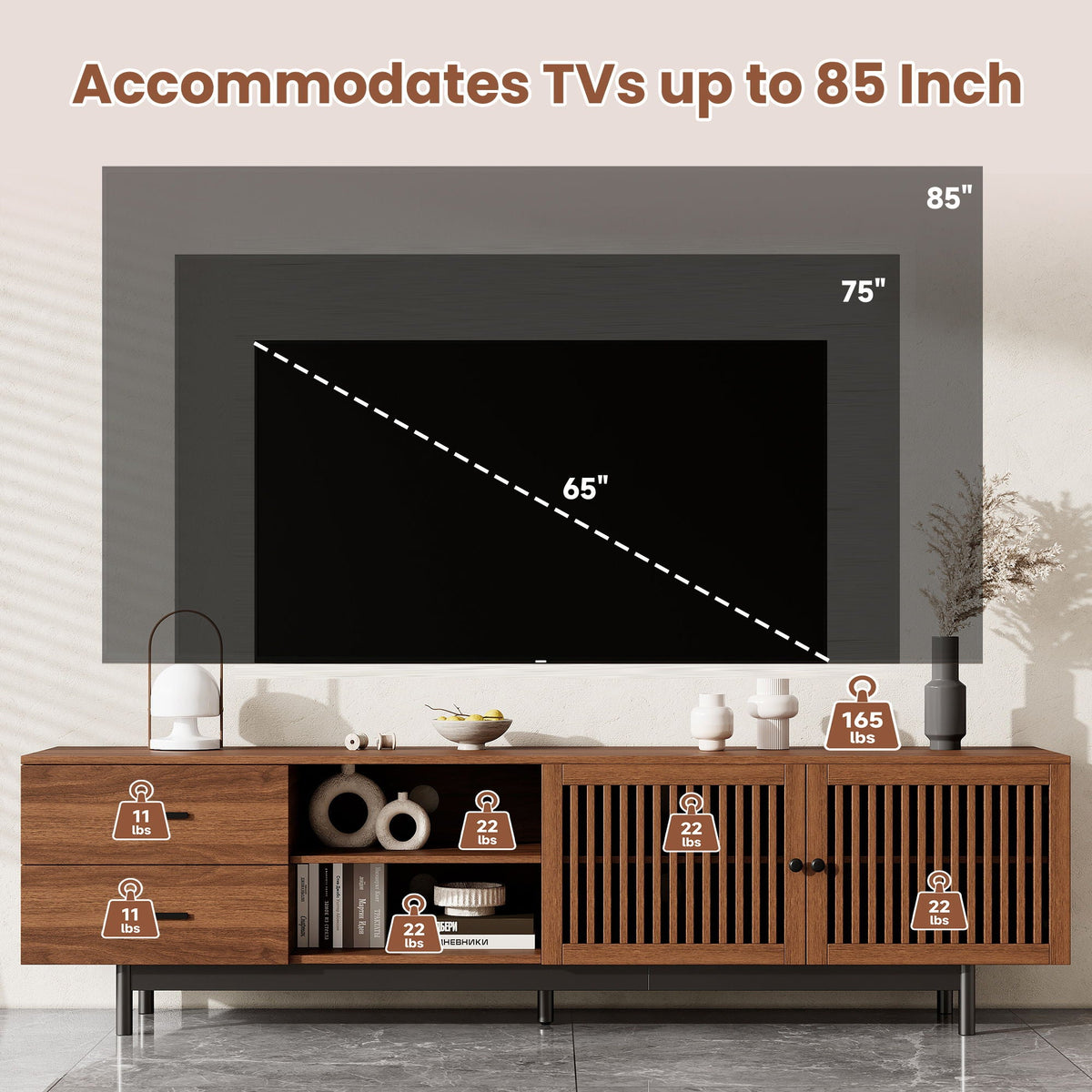 78" TV Stand For TVs Up To 85" Entertainment Center With Deep Drawers & Cable Management, Soft Closing Hinges - Walnut