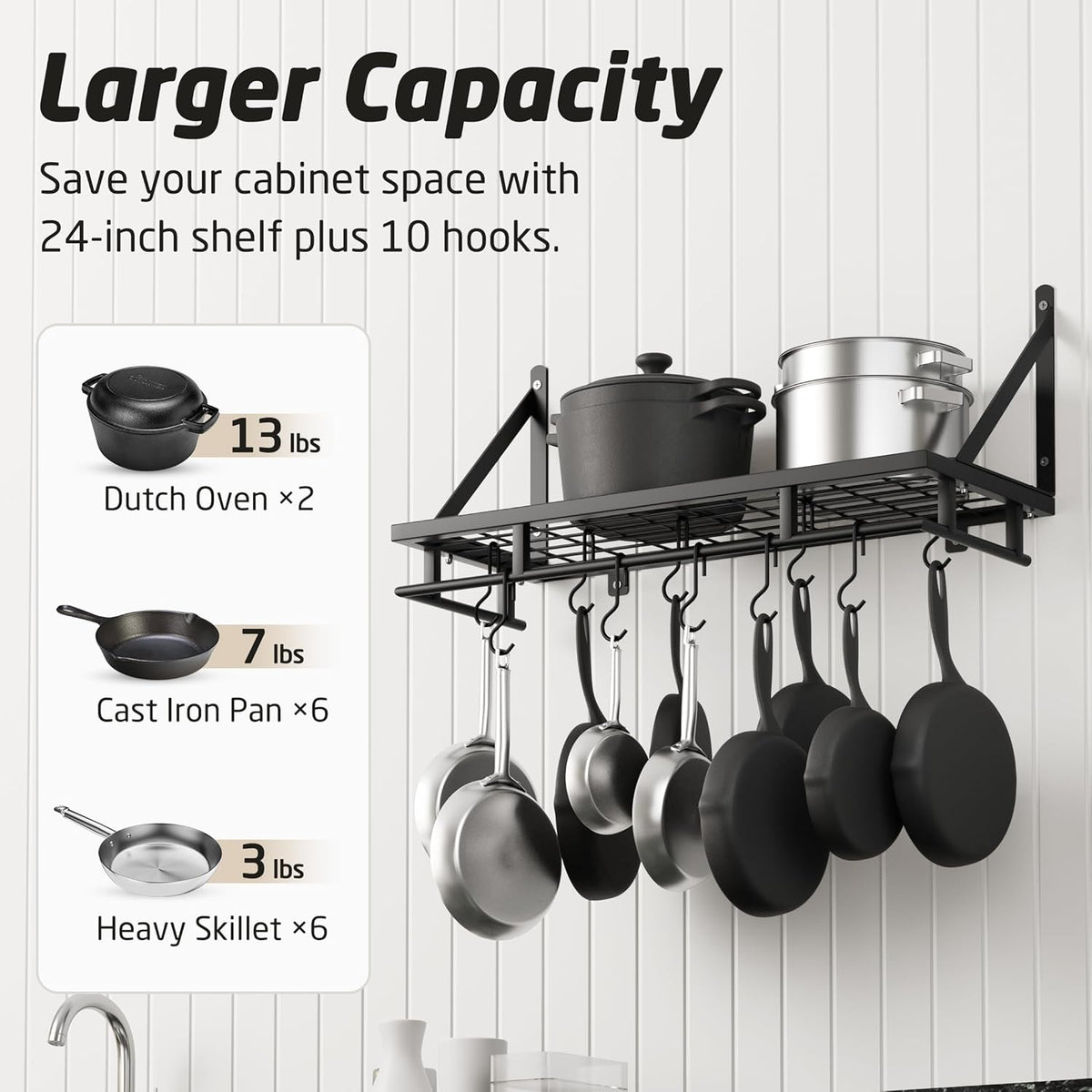 Ceiling Pot Rack 34-Inch Hanging Pot Rack for Kitchen 24 Inch Kitchen Pot Pan Rack Wall Mounted, KUR221S85-BK+KUR215S60-BK-NEW