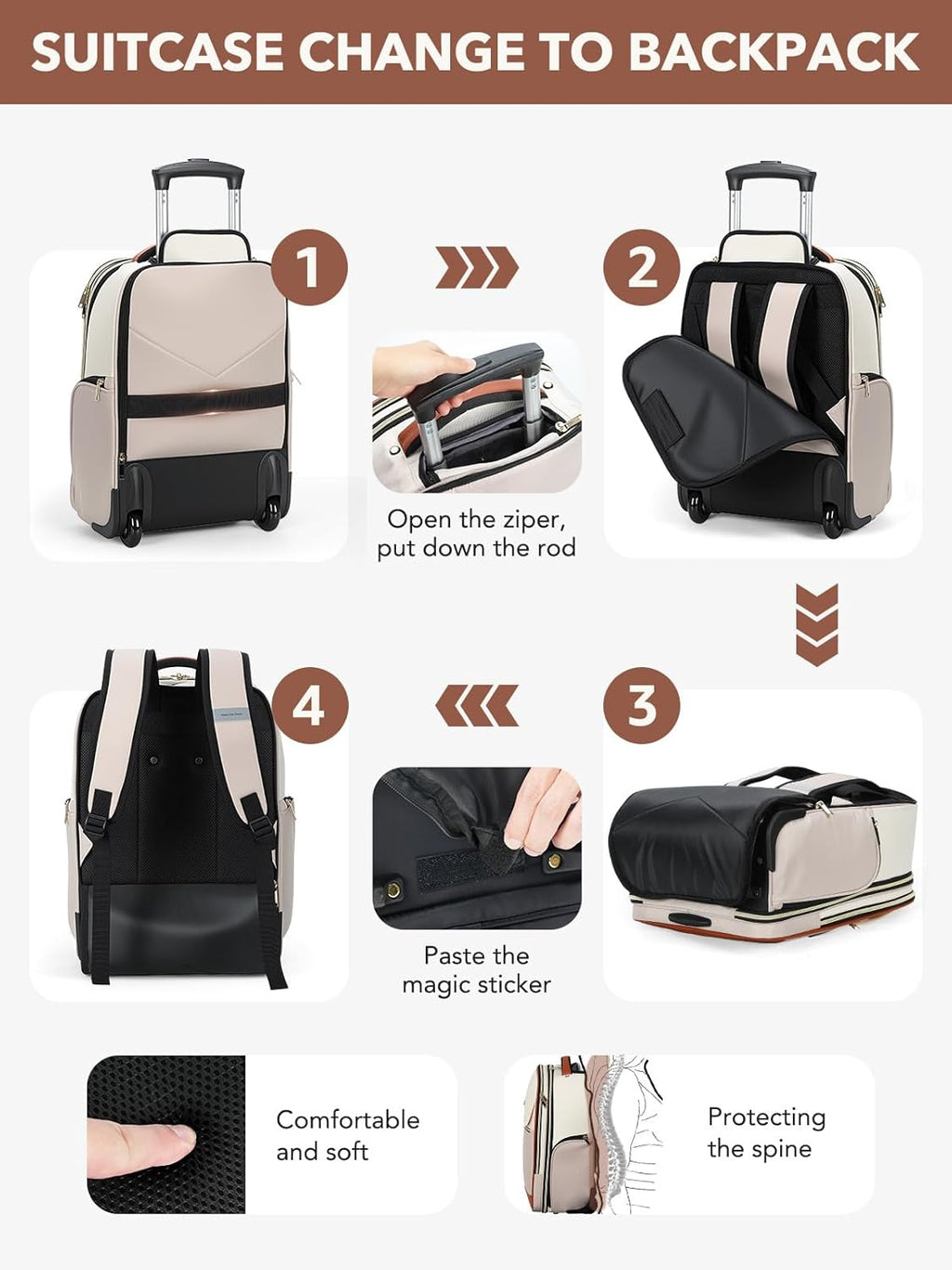 Rolling Backpack for Women, Large Travel Backpack with Wheels Carry on Flight Approved, 15.6 Inch Laptop Wheeled Roller Bag Suitcase for Work Bussiness Weekender (Khaki, M Underseat Size)