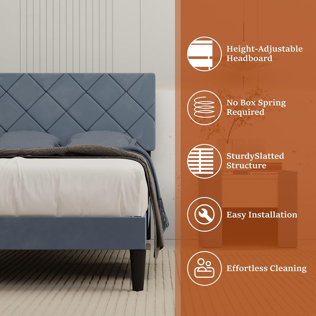 Twin Bed Frames with Adjustable Headboard, Velvet Upholstered Platform Bed, Twin Size Bed Frames with Strong Metal Slat Support,Mattress Foundation, No Box Spring Needed,Easy Assembly Gary
