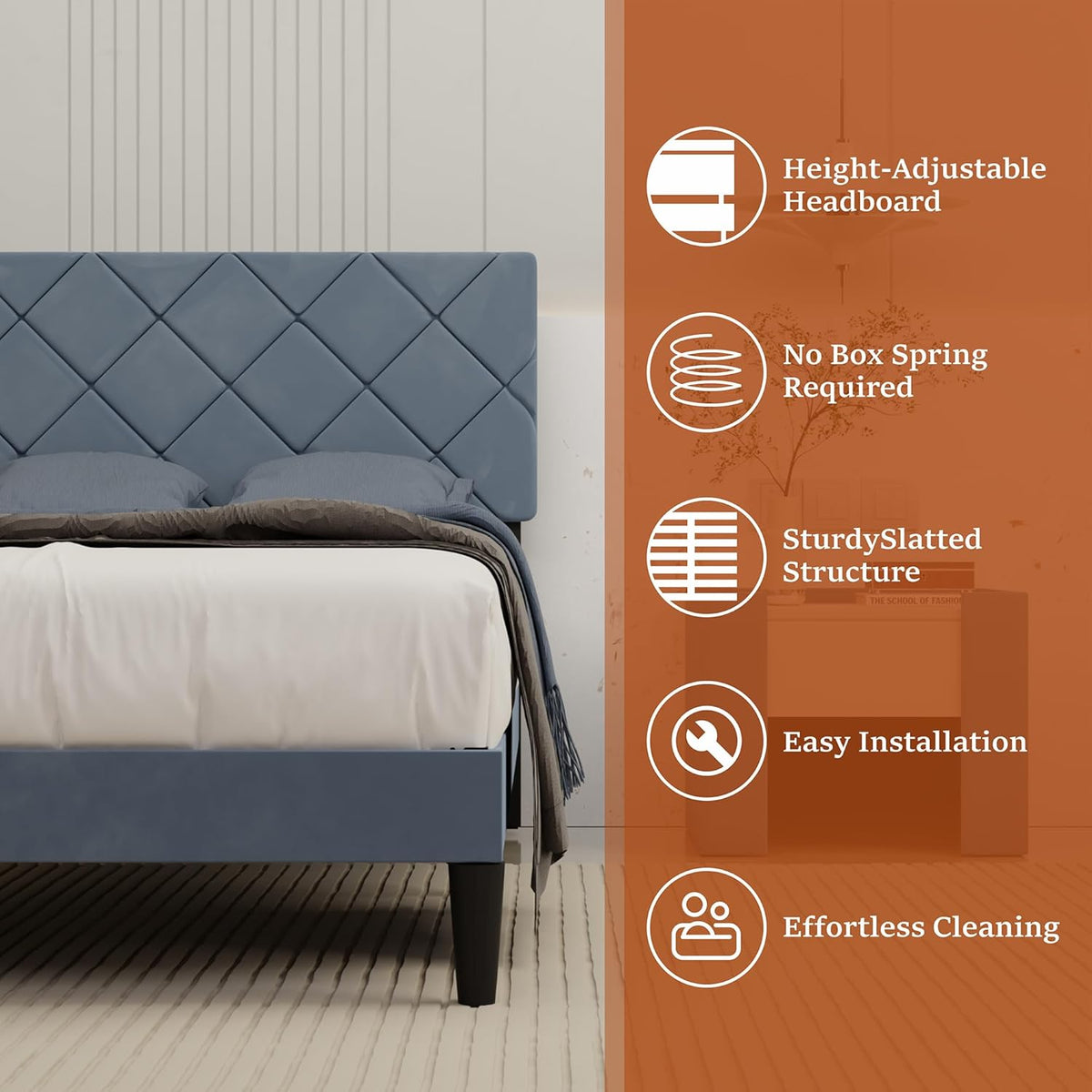 Twin Bed Frames with Adjustable Headboard, Velvet Upholstered Platform Bed, Twin Size Bed Frames with Strong Metal Slat Support,Mattress Foundation, No Box Spring Needed,Easy Assembly Gary