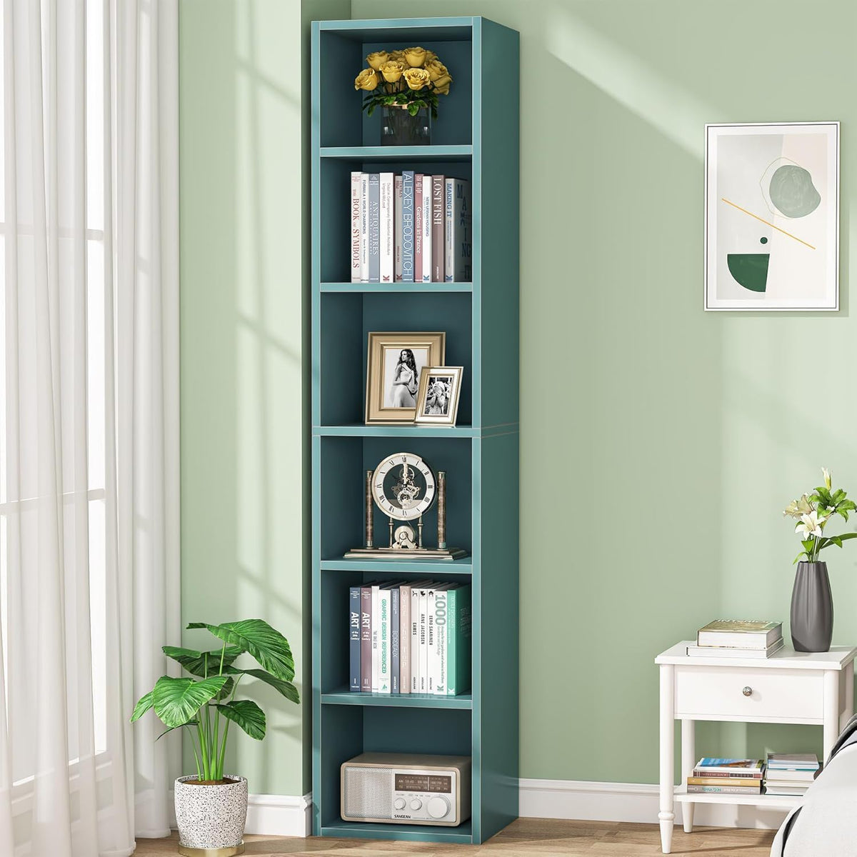 6 Tier Narrow Corner Cube Bookcase Storage, Freestanding Shelf With Open Cubes For Living Room
