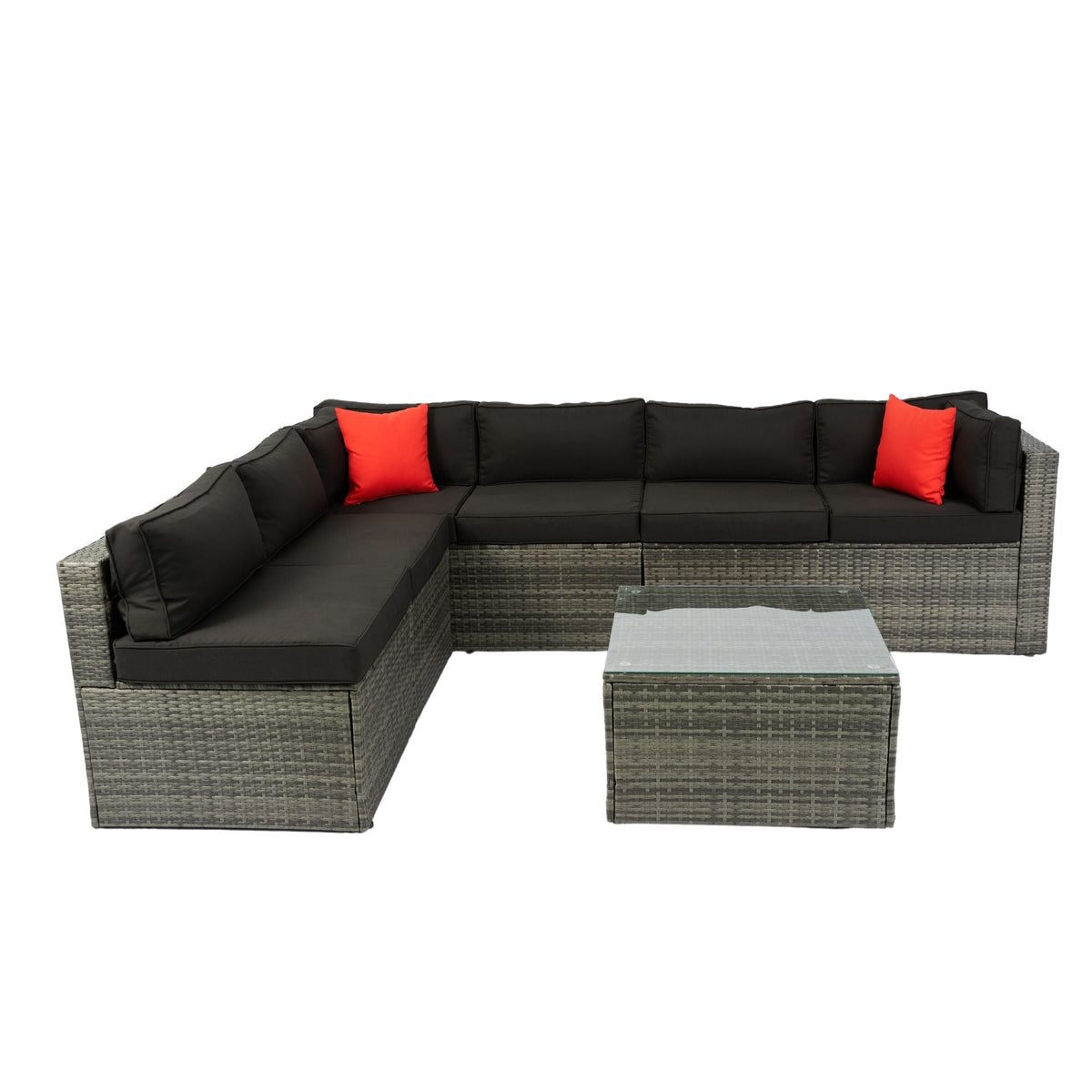 5 Pieces Rattan Sectional Outdoor Furniture Cushioned U Sof Set With 2 Pillow - Gray / Black