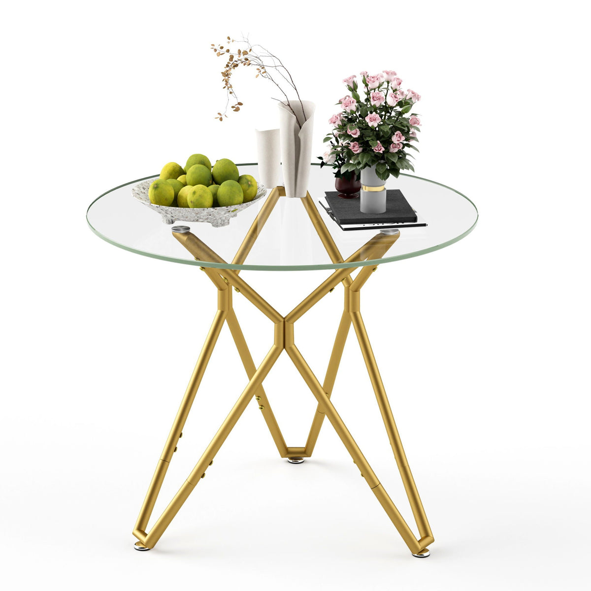 Modern Round Tempered Glass Dining Table With Sturdy Metal Legs For 1 - 4 People - Gold