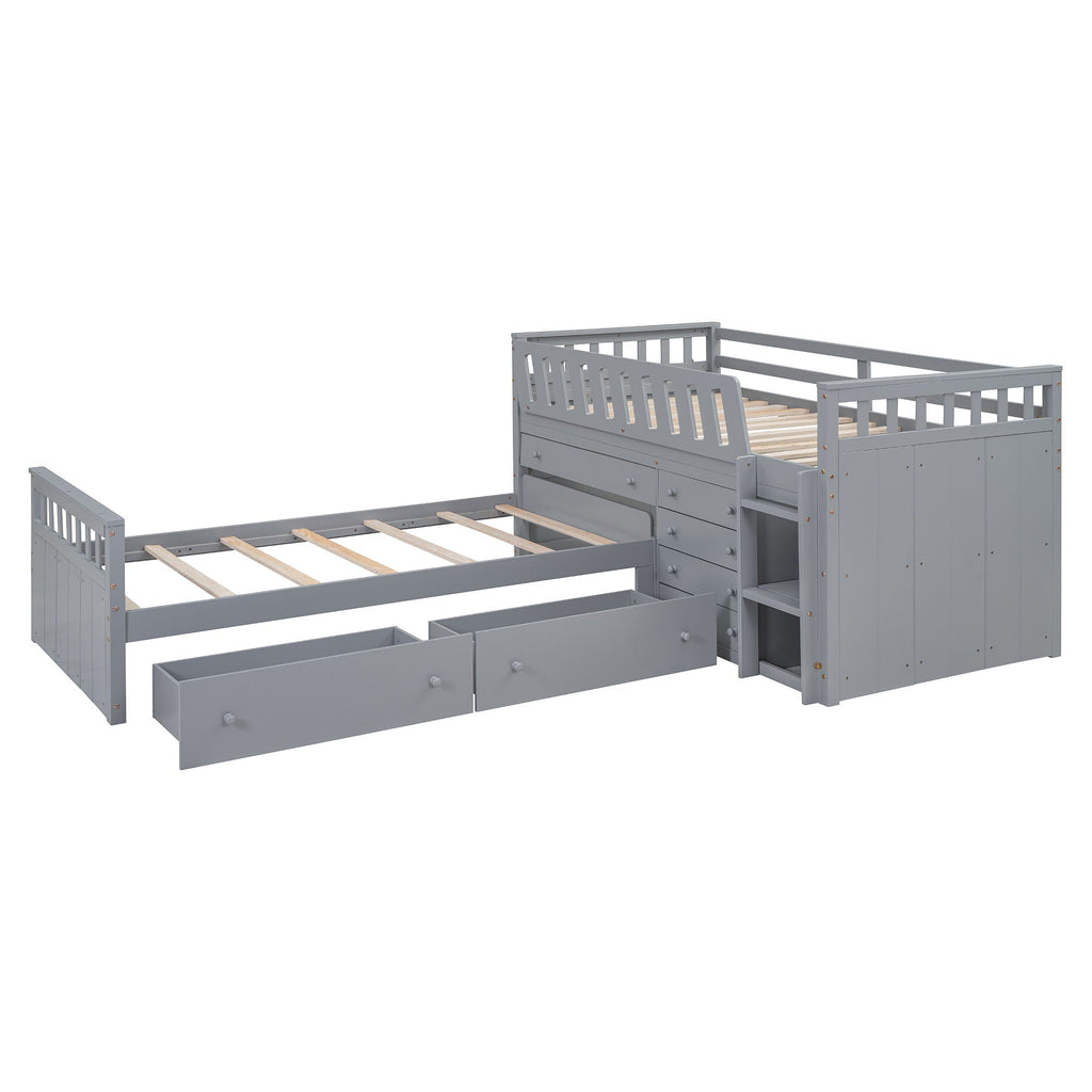 Loft Platform Bed With 7 Drawers And Full Guardrails, Modern L Shaped Space Savin