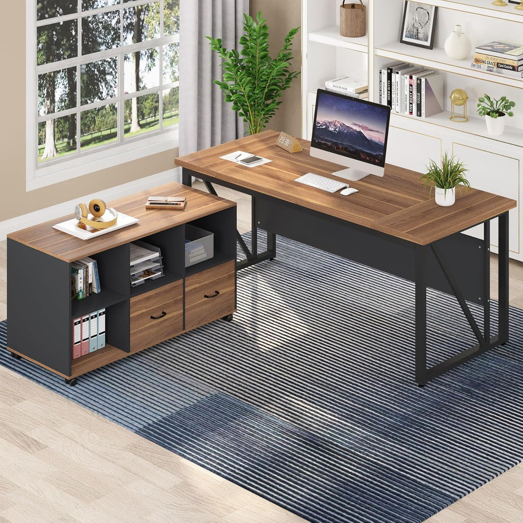 L-Shaped Executive Desk With Mobile File Cabinet, Large Home Office Workstation With Drawers And Shelves - Brown / Black