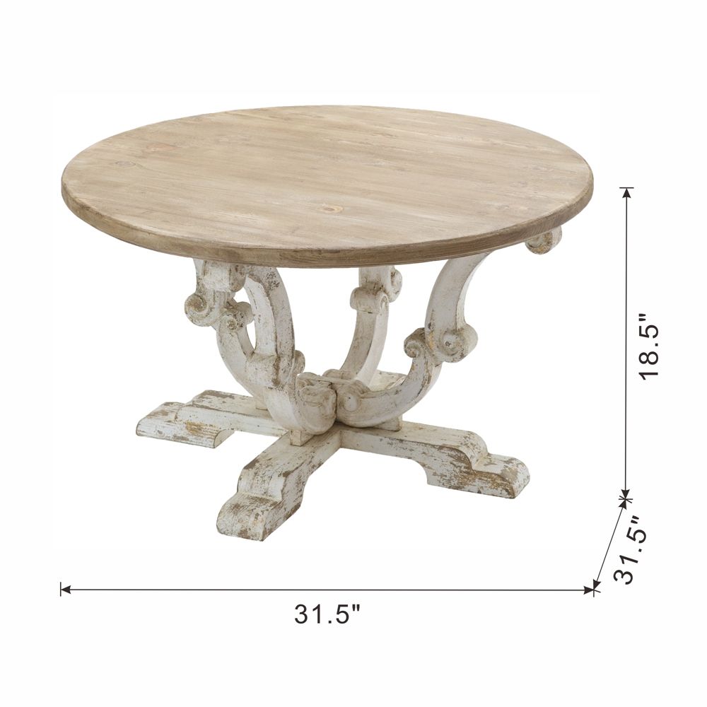 Round Wooden Coffee Table With Distressed Scrollwork Legs - Multicolor