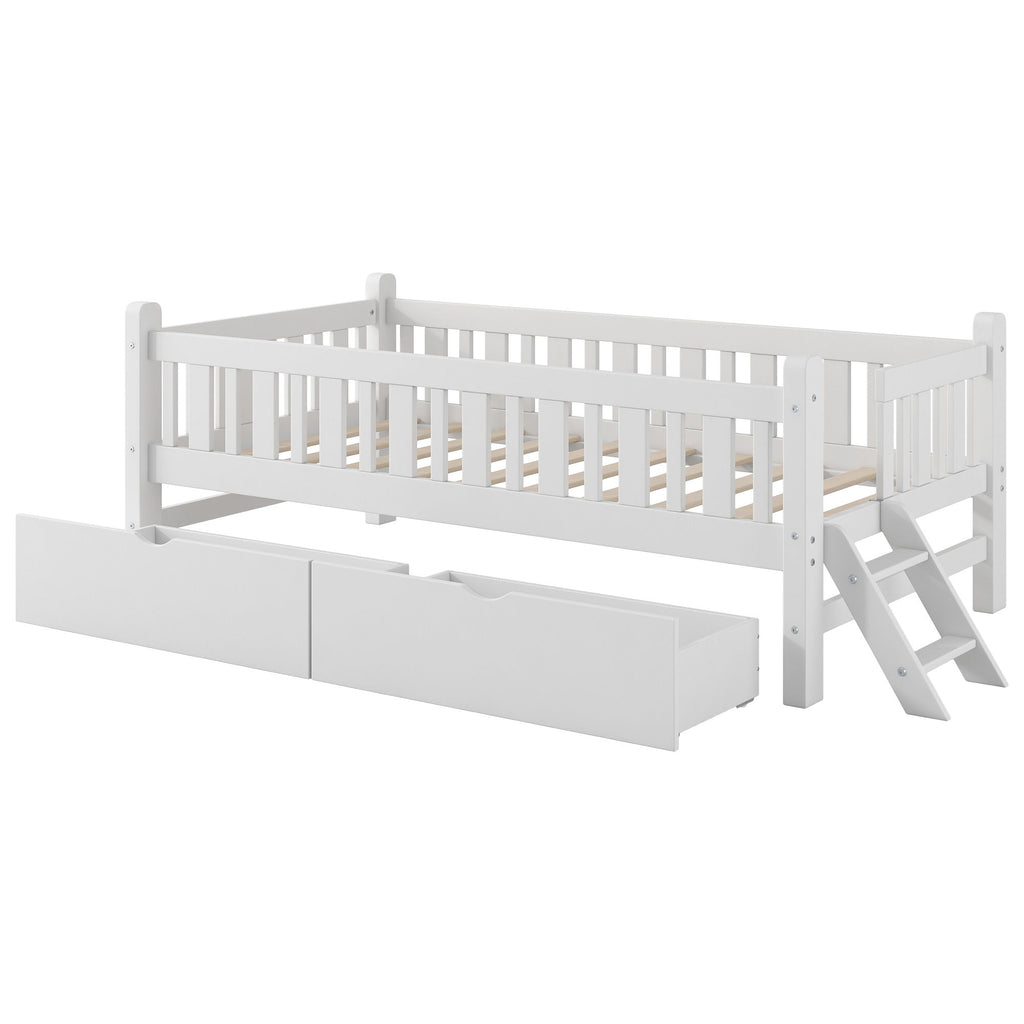 Platform Bed With Guardrail And 2 Drawers