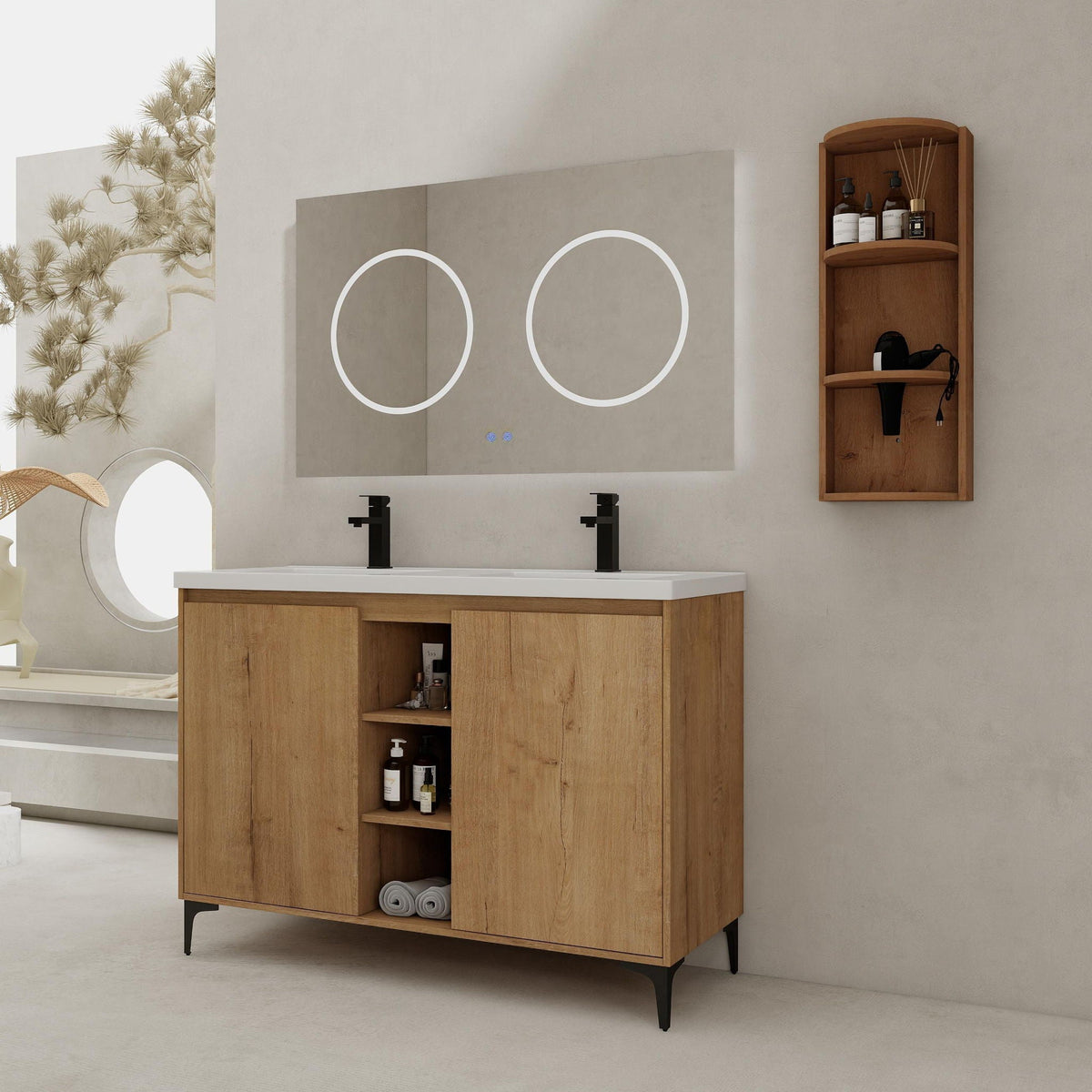Elegant 48" Freestanding Bathroom Vanity With Double Resin Sink And Storage Rack Soft Close Doors - Imitative Oak