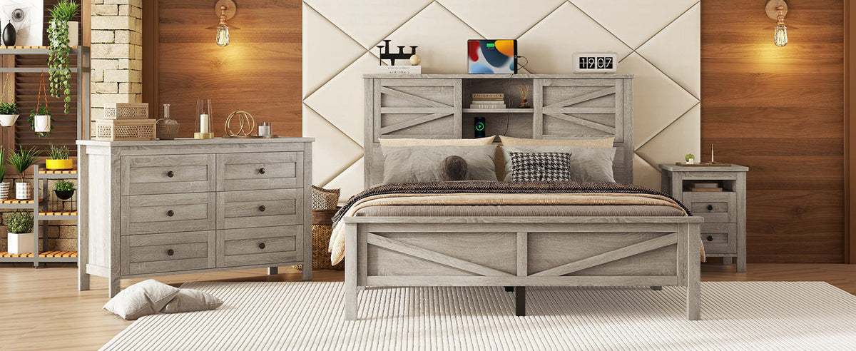 3-Pieces Bedroom Set Queen Size Farmhouse Platform Bed with Storage Headboard and Charging Station