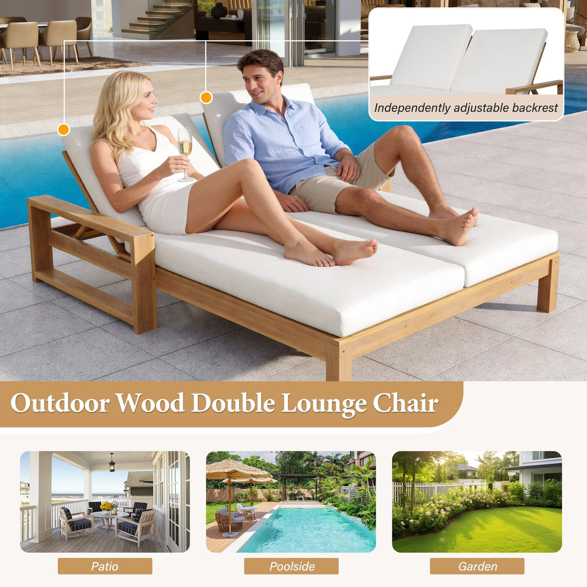 TREXM Outdoor Double Lounge Chair with 5-Position Adjustable Backrest
