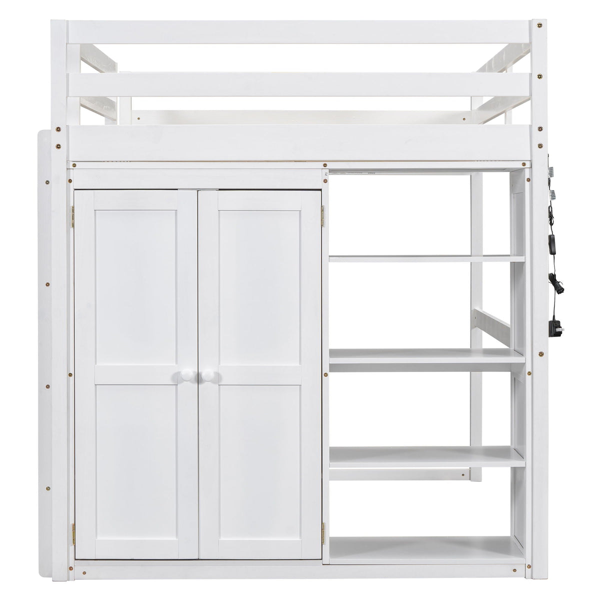 Loft Bed With Built In Wardrobe, Storage Shelves, And LED Light