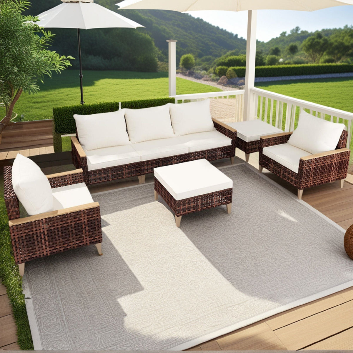 5 Piece Rattan Terrace Furniture Set, 7 Seats Cushions, High Footed Design