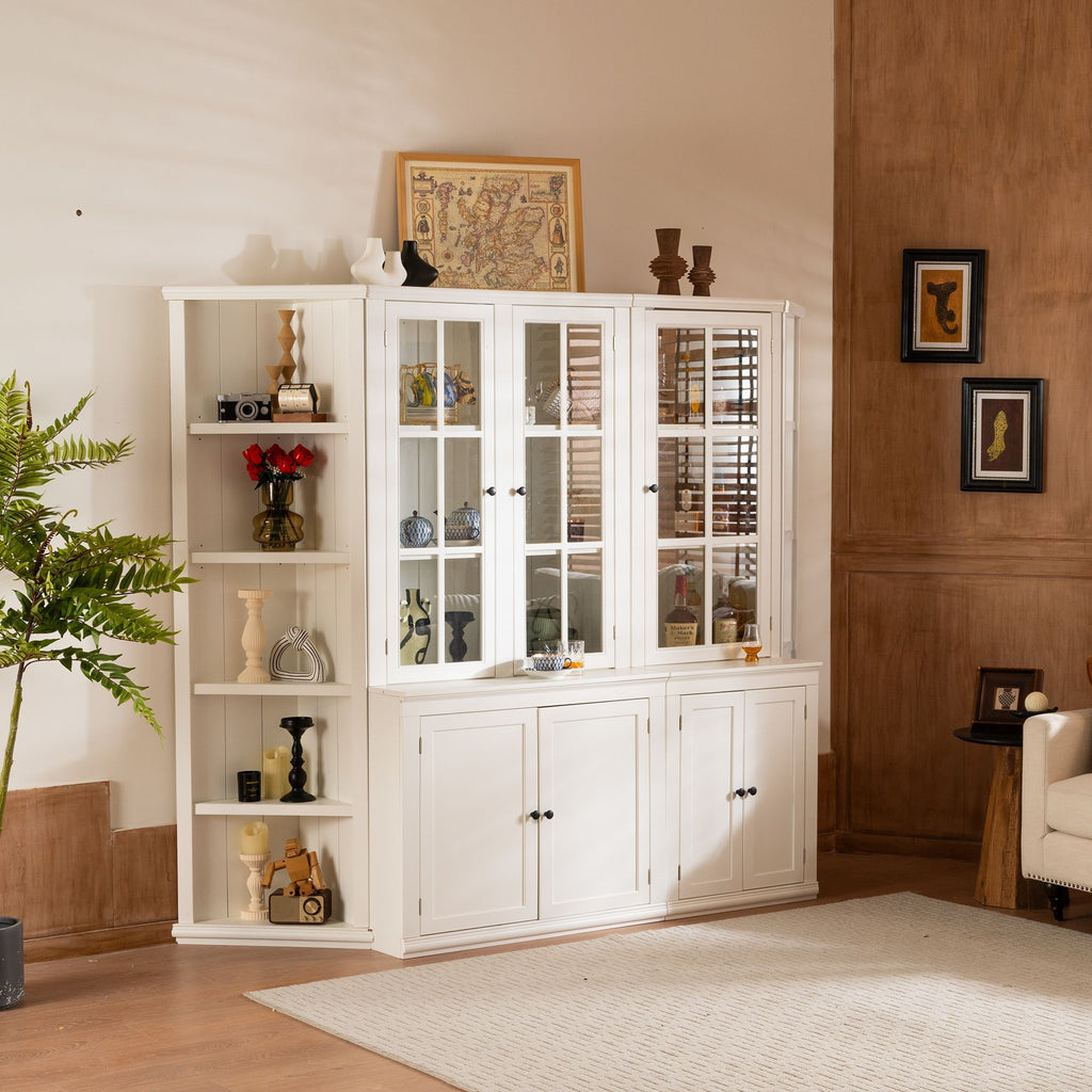 Retro Style Wall Suit With Glass Doors, 75.25" Tall Display Cabinets & Triangle Sided Bookshelves - White