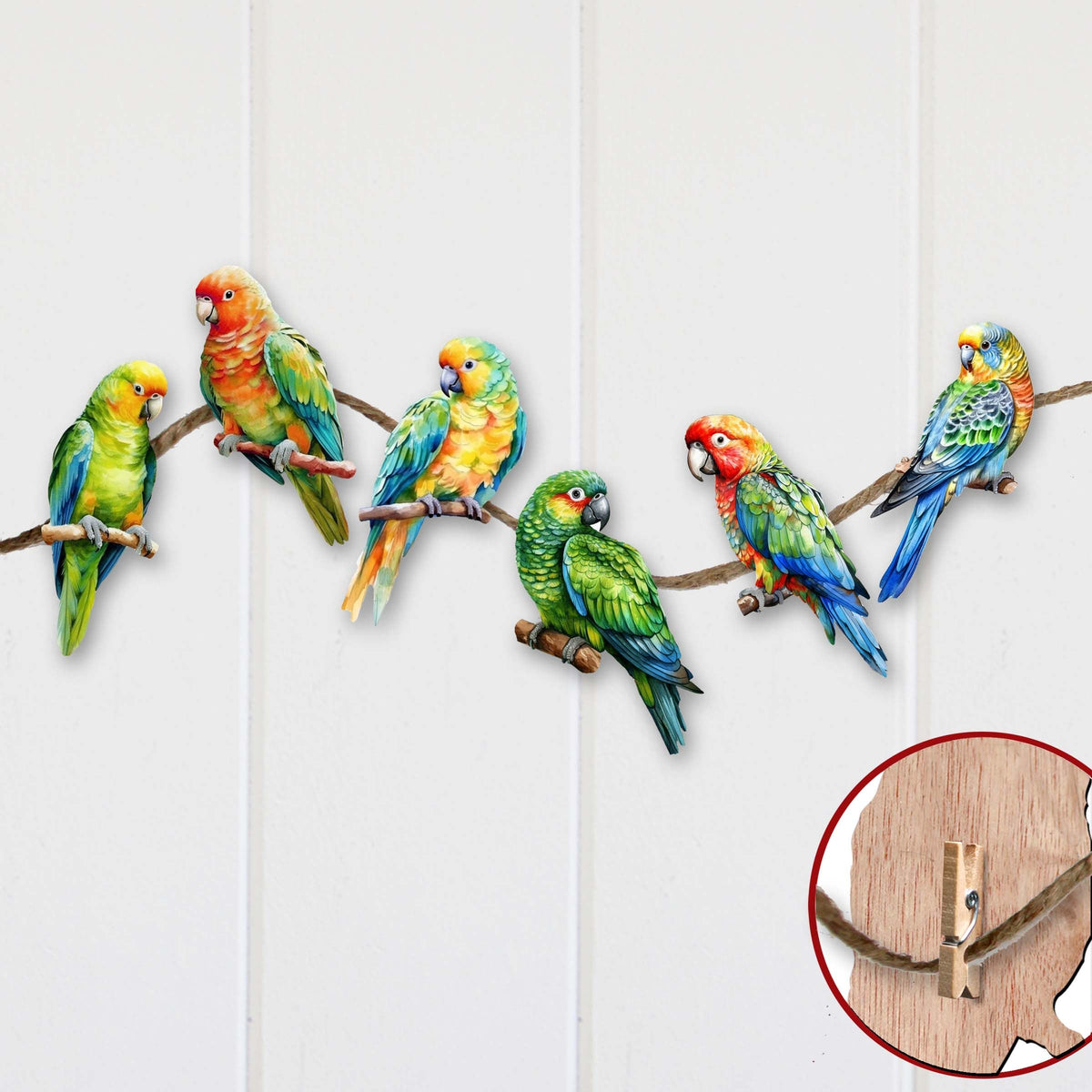 Parrots Clip-On Eco Wood Decorative Ornaments Set of 6 by G. Debrekht - Christmas Decor - 8090013C-S6