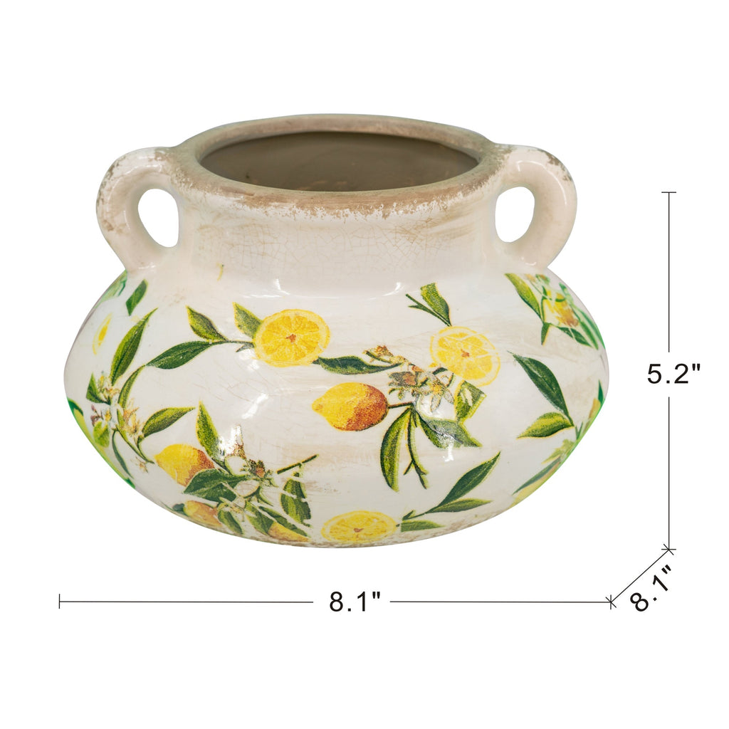 8.1x8.1x5.2" Ceramic Planter with Yellow Lemon and Green Leaf Motif