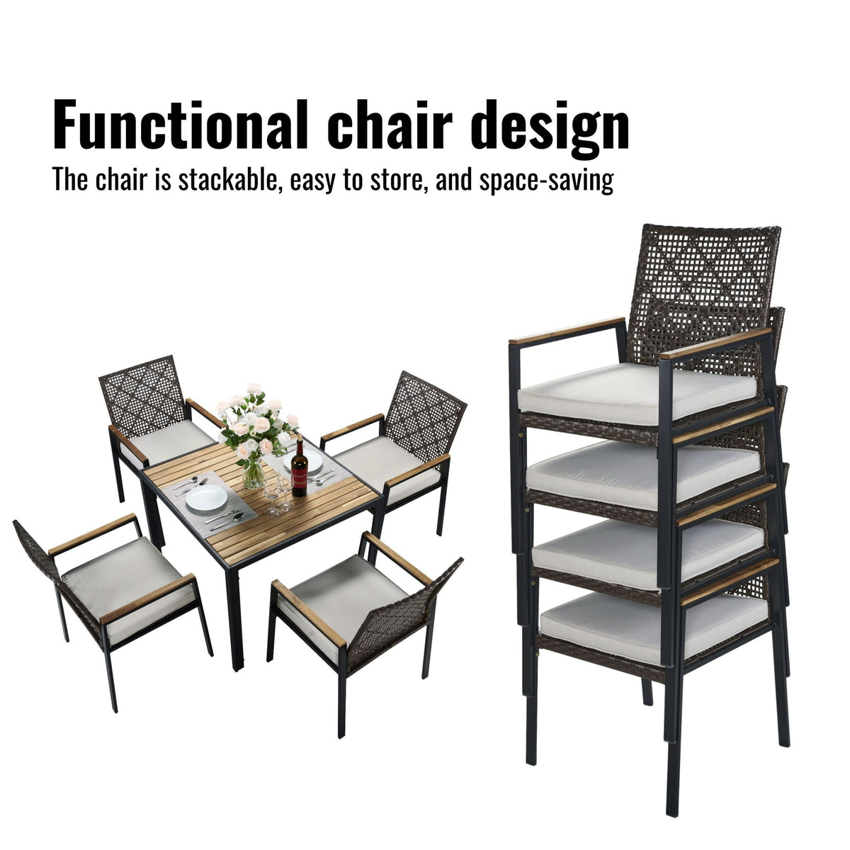 5 Piece Patio Dining Table Set, Acacia Wood Table Top With Umbrella Hole