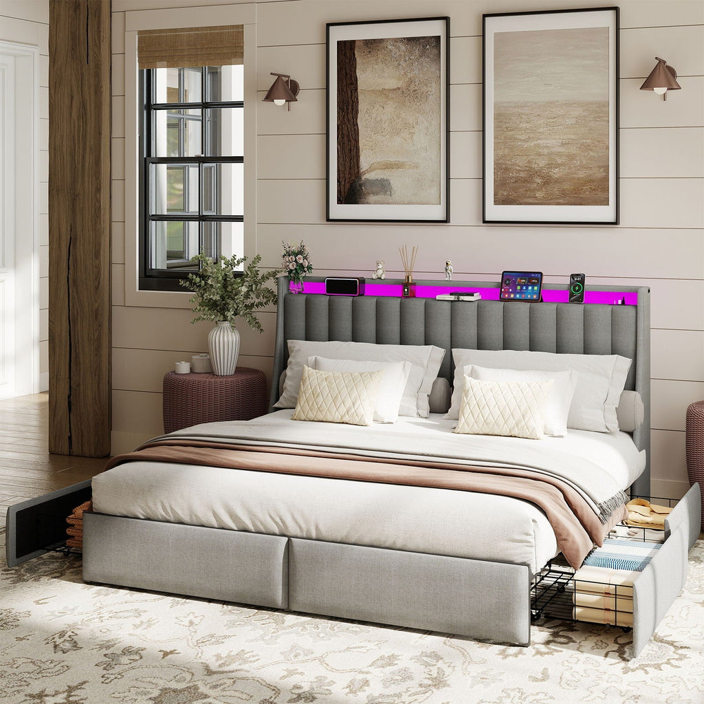 King Upholstered Bed Frame With 4 Storage Drawers, RGB LED Lights & USB / Type-C Charging Station