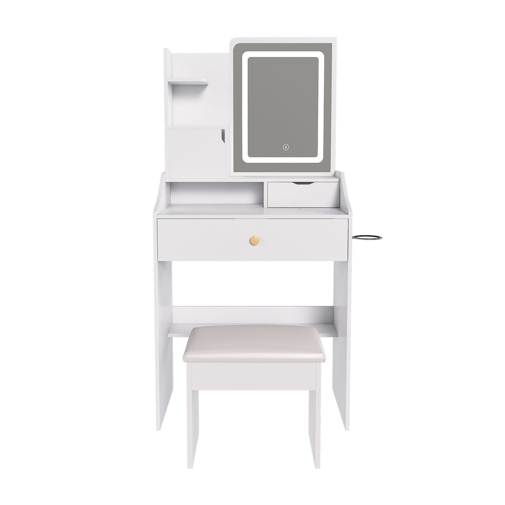 LED Vanity Mirror With Stool, 2 Drawers & 5 Storage Cabinets, Adjustable Lighting Mdf Dressing Table For Bedroom - White