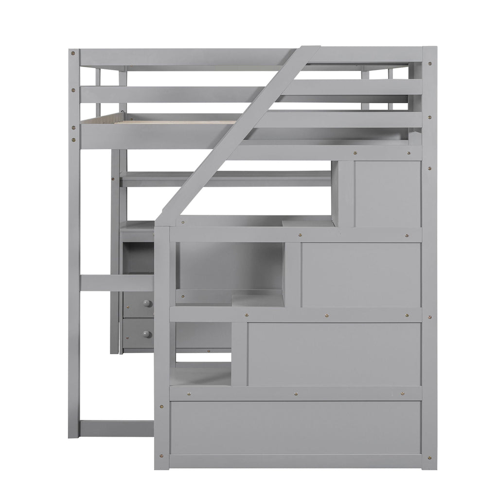 Loft Bed With Desk, Shelves, 2 Drawers, Storage Staircase