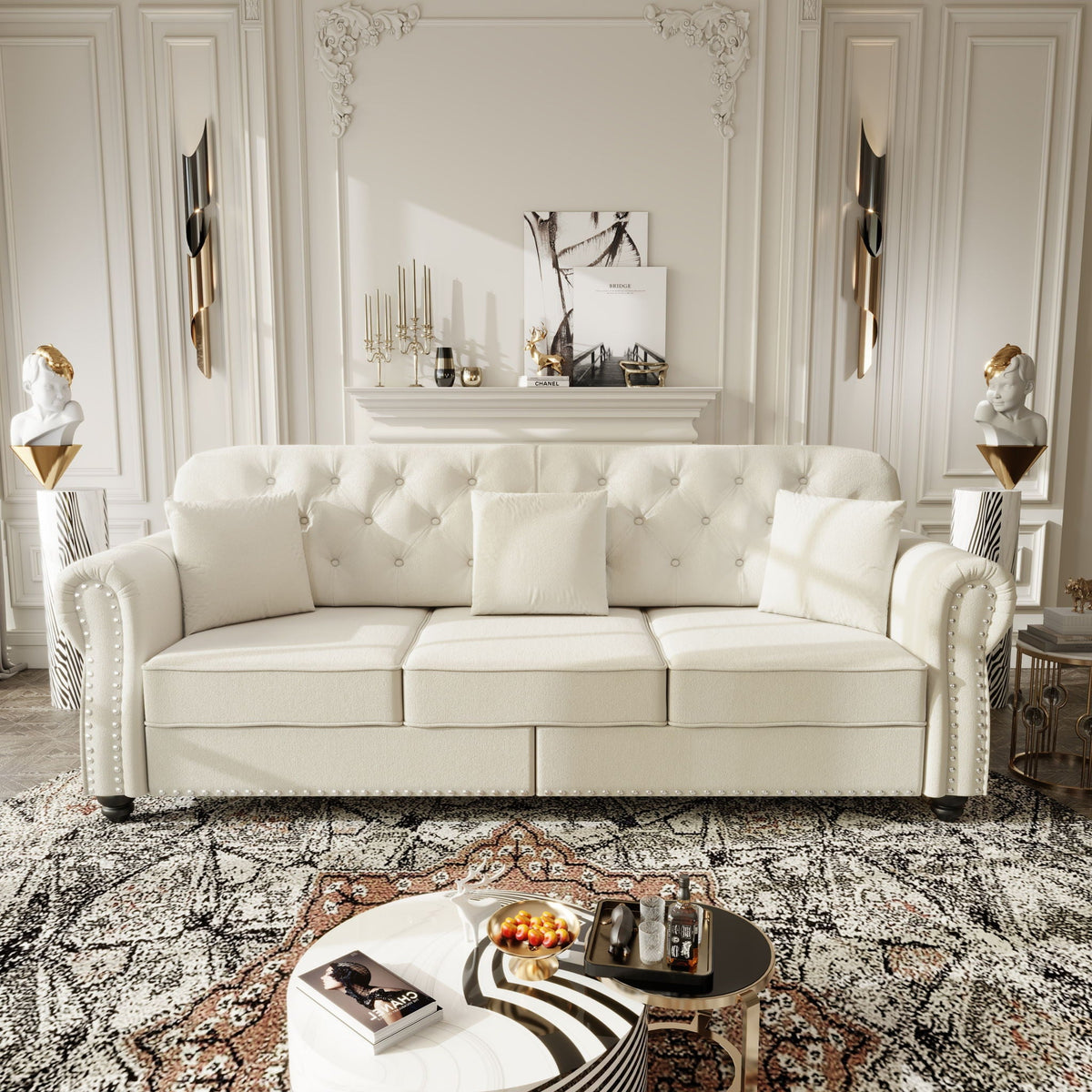Upholstered Sofa Set With Nailhead Trim And Rolled Armrests, Includes Pillows