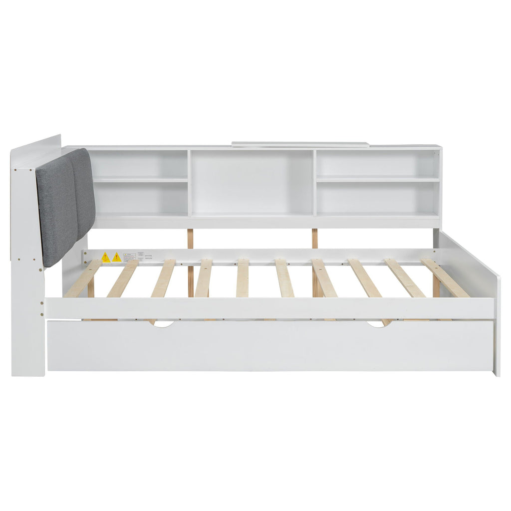 Platform Bed With Trundle, Shelves, And Storage Headboard