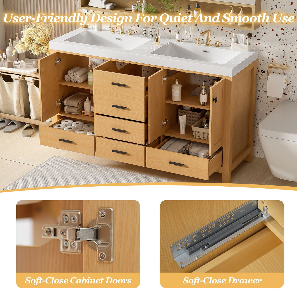 Bathroom Vanity With Double Sink, Soft Close Doors & Drawers Handles - Wood