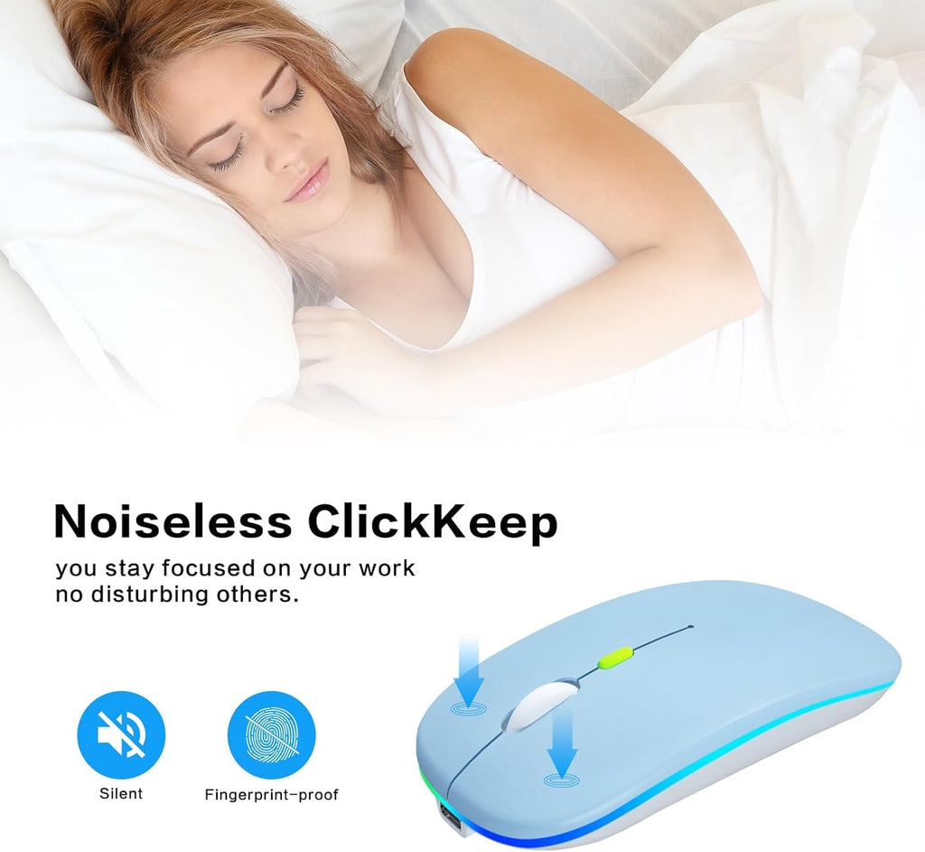 Wireless Bluetooth Mouse, Rechargeable, Dual Mode Bluetooth 5.2 & 2.4G USB, LED Lights, Slim, Silent, Portable Computer Mouse for Laptop, PC, Macbook, Ipad, Tablet (Blue)