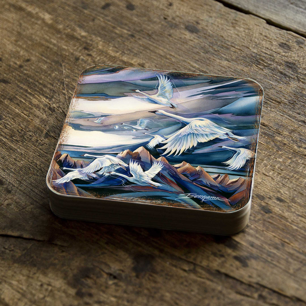 Flying Swans Wooden Cork Coasters Gift Set of 4 by J. Bergsma - Coastal Decor  - 8199457C-S4