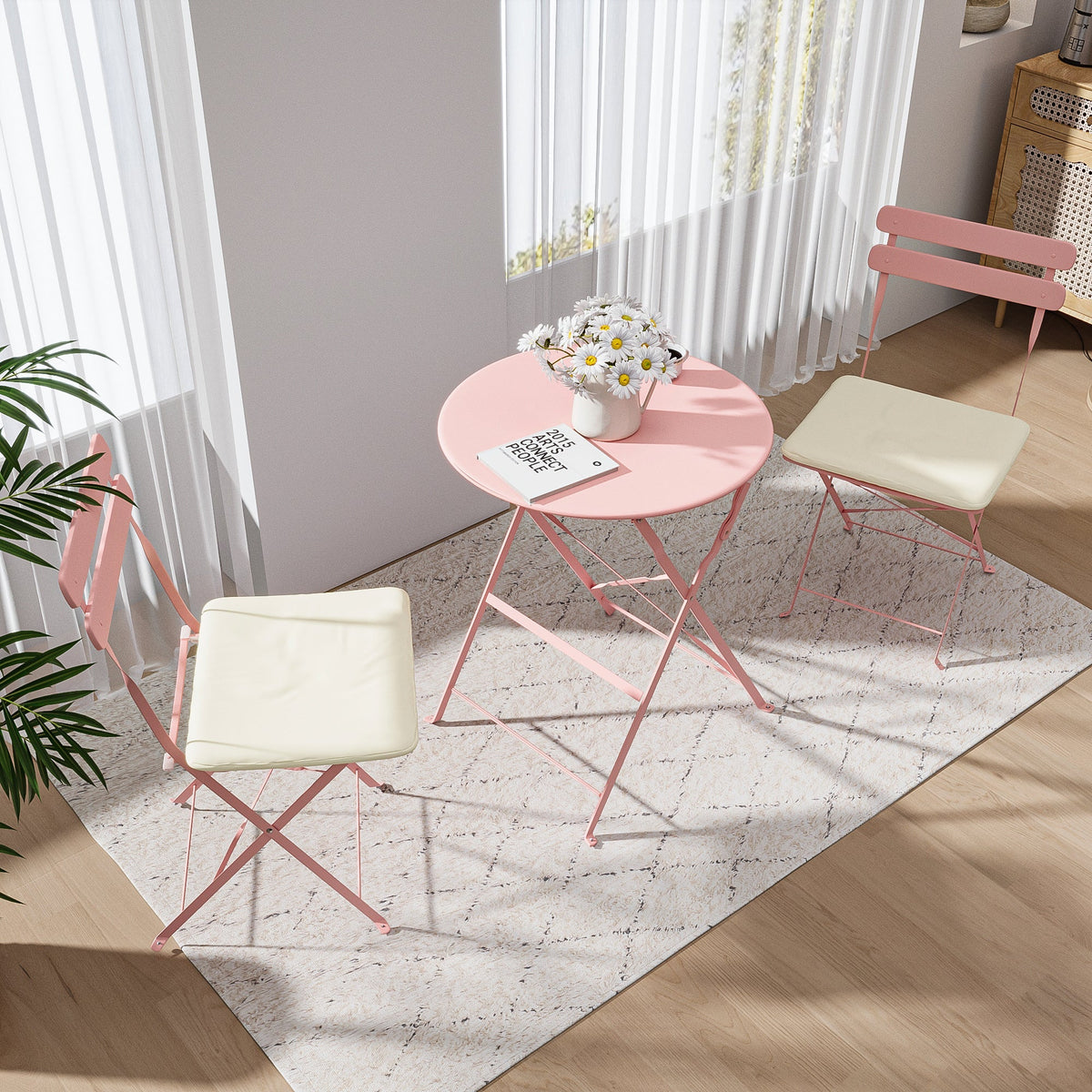 3 Pieces Patio Bistro Balcony Metal Chair Table Set - Pink