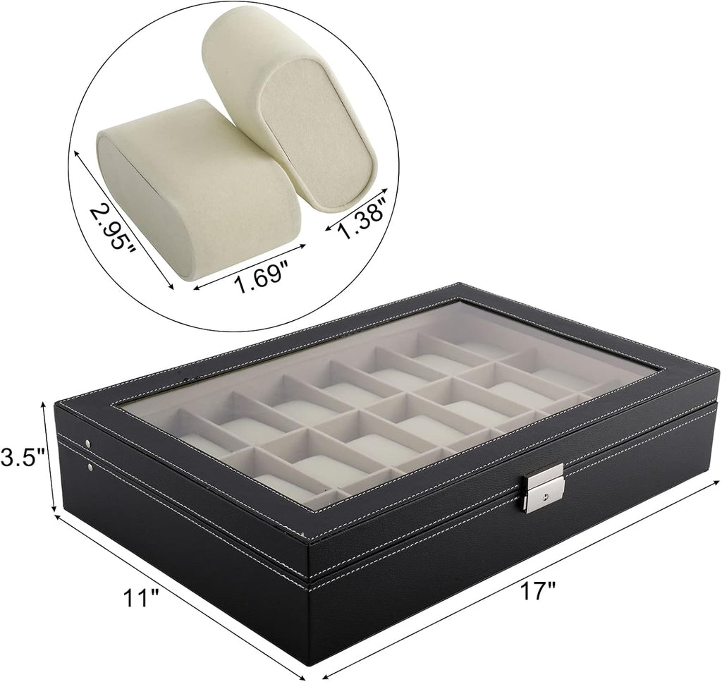 24 Slot Watch Box for Men, Watch Cases for Men, Watch Display Case, Glass Top PU Leather Watch Storage Organizer with Removable Pillows for Him