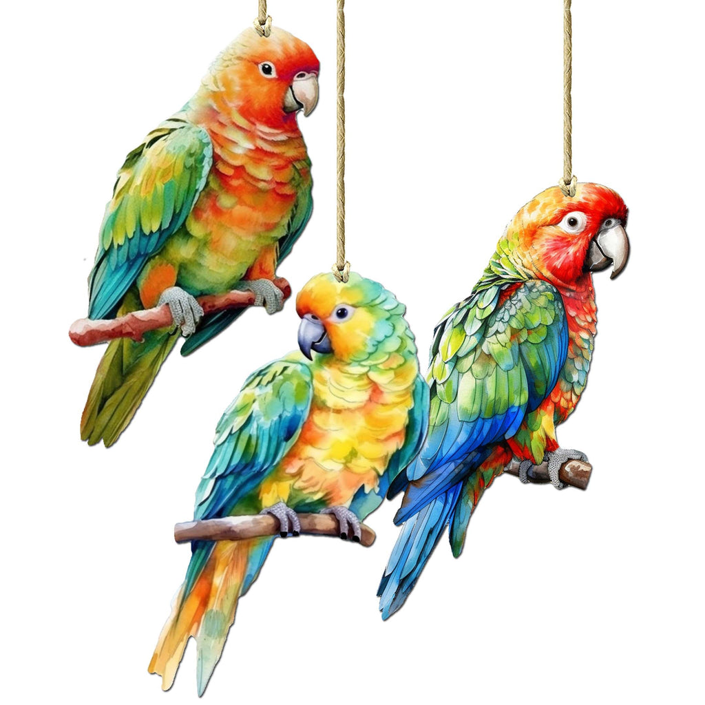 Parrots Decorative Wooden Ornaments of 3 by G. Debrekht - Wildlife Decor - 8091013-S3