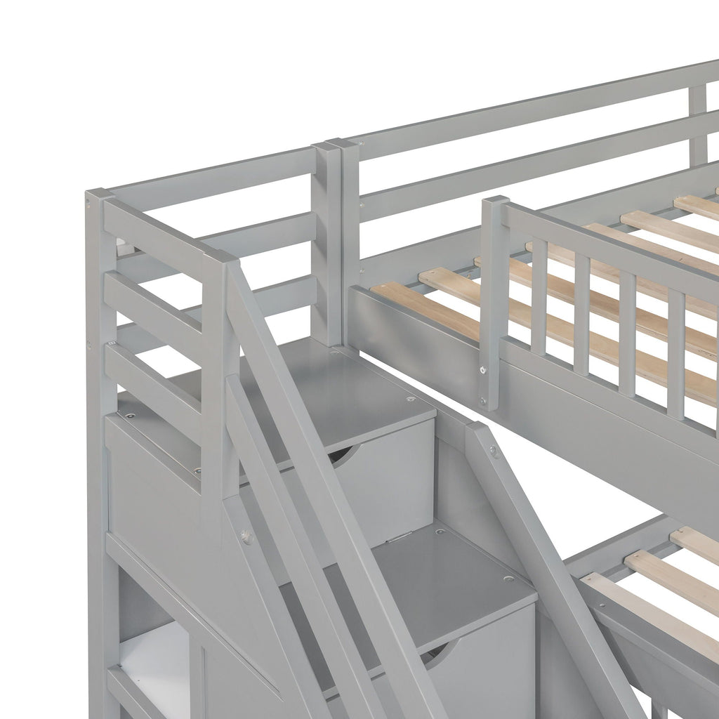 Solid L Shaped Bunk Bed With 3 Drawers, Ladder And Staircase
