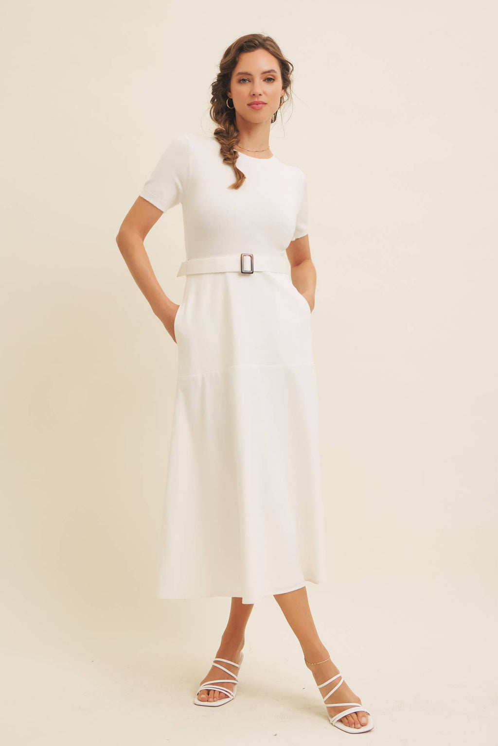 Delaney Sweater Midi Dress - White Mixed Media Dress with Belt