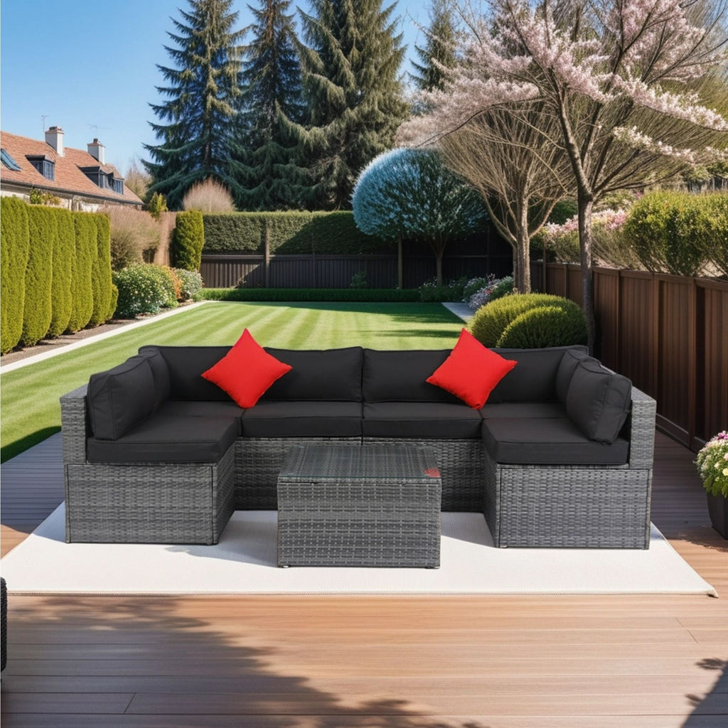 5 Pieces Rattan Sectional Outdoor Furniture Cushioned U Sof Set With 2 Pillow - Gray / Black