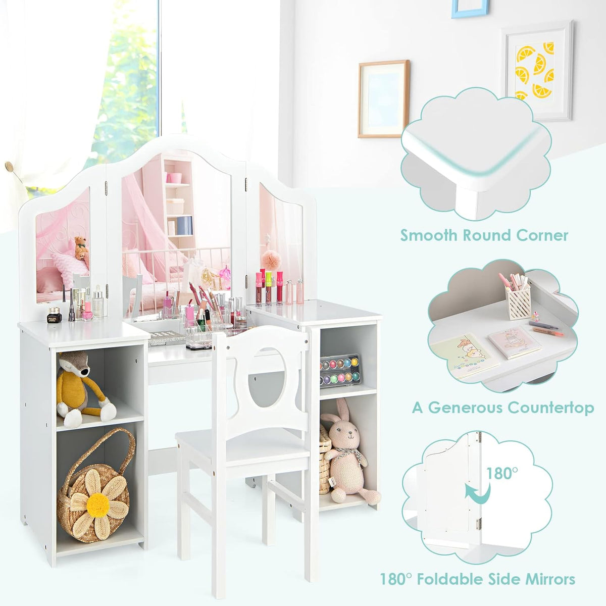 Kids Vanity, 2 in 1 Princess Makeup Desk & Chair Set with Tri-Folding Detachable Mirror, Large Storage Shelves, Wooden Pretend Play Dressing Table for Girls
