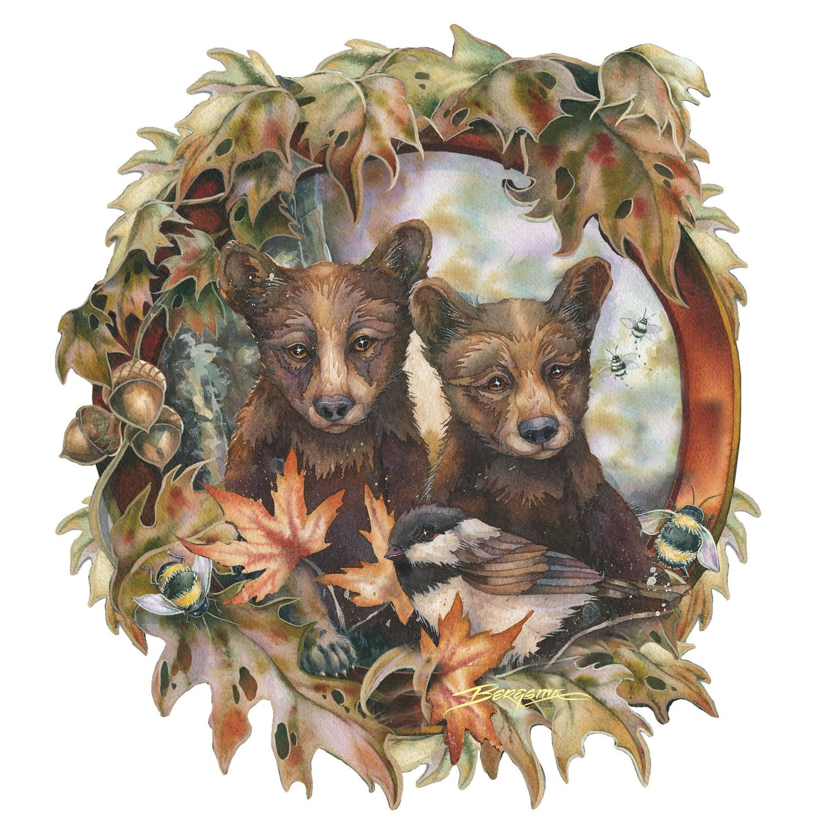 Simple Joys Black Bear Cubs with Bees Wall Art by J. Bergsma - Wildlife Holiday Decor - 8591850W-JB