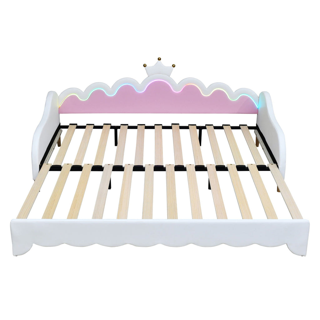 Extending Daybed With LED Lights, Modern Upholstered Princess Daybed With Crown Headboard