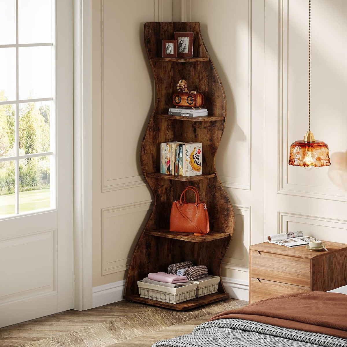 5 Tier Wavy Corner Bookshelf And Plant Stand For Living Room