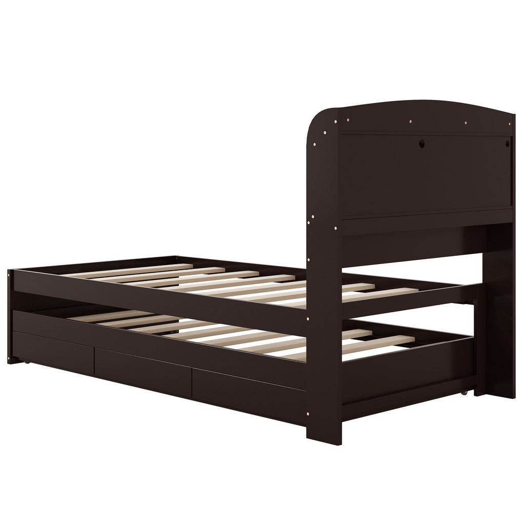Platform Bed With LED Headboard, Charging Station, Trundle And 2 Drawers