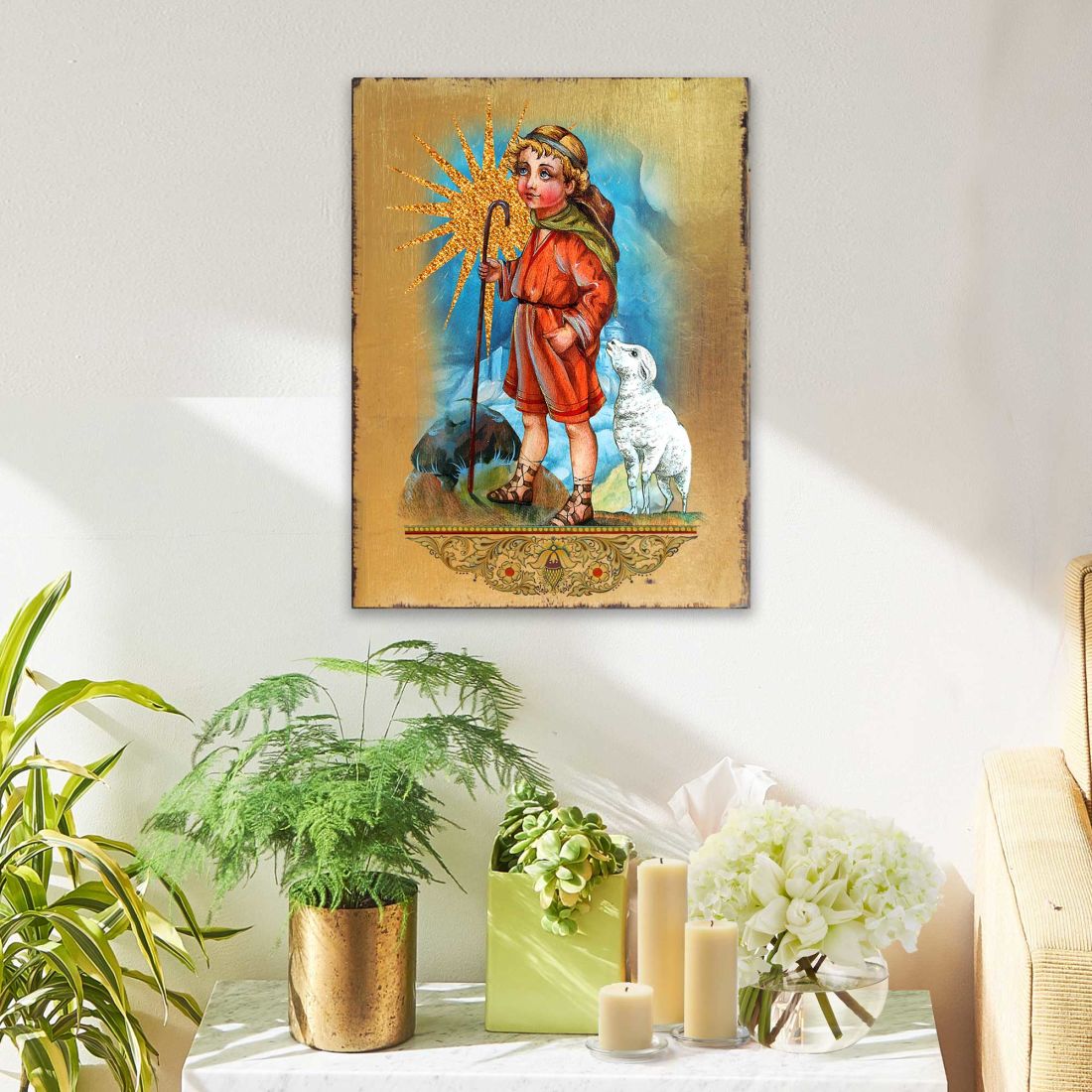 Shepherd Wooden Gold Plated Religious Christian Sacred Icon - Inspirational Icon Decor - 85045