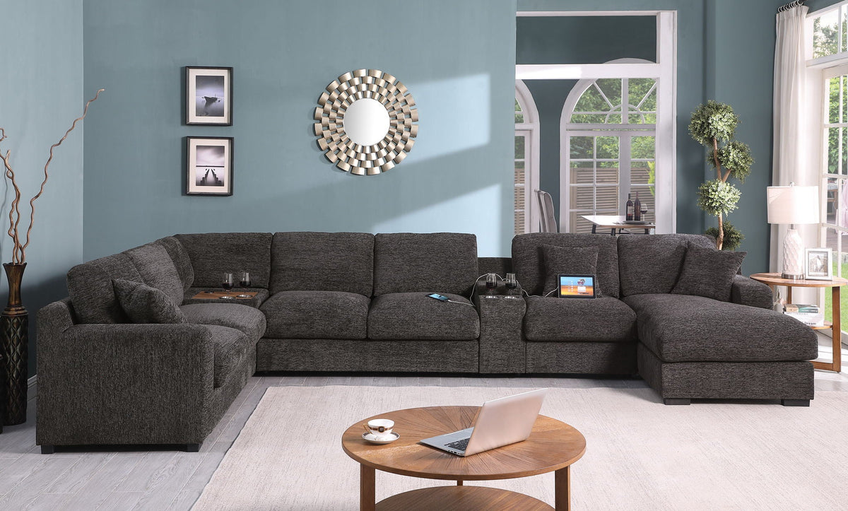 Celine - Corner Sectional Sofa With Right Facing Chaise, Cupholders, And Charging Ports - Gray