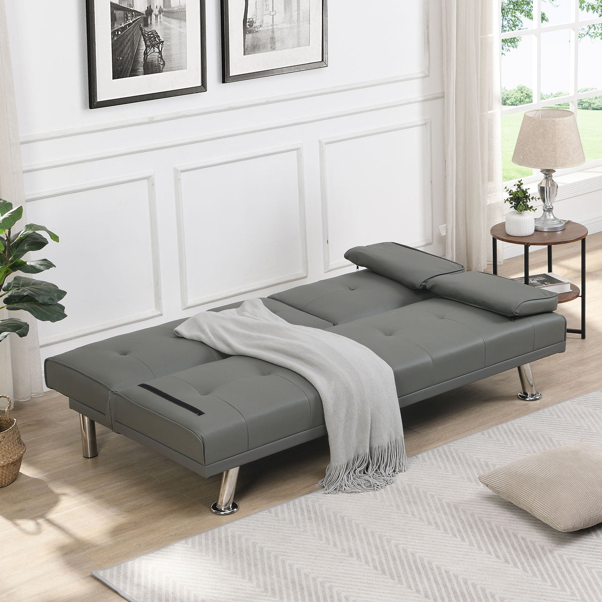 Sofa Bed With Armrest Two Holders Wood Frame, Stainless Leg Futon - Gray