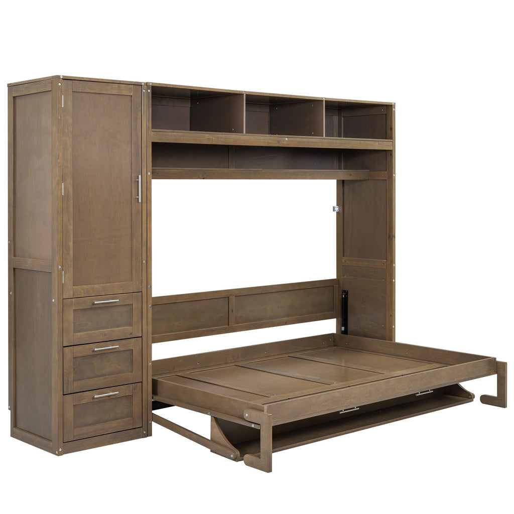 Full Size Murphy Bed With Wardrobe, Drawers, And Open Shelves - Wood