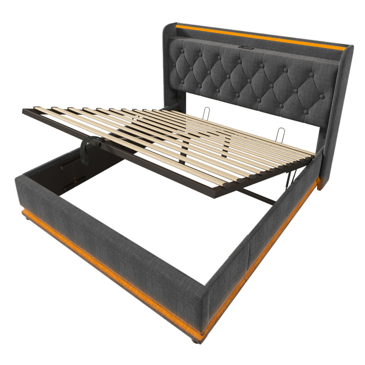 Upholstered Bed, 360 Surround LED Function, Remote Control, Hydraulic Storage Bed With USB, Type-C Charging (Without Mattress)