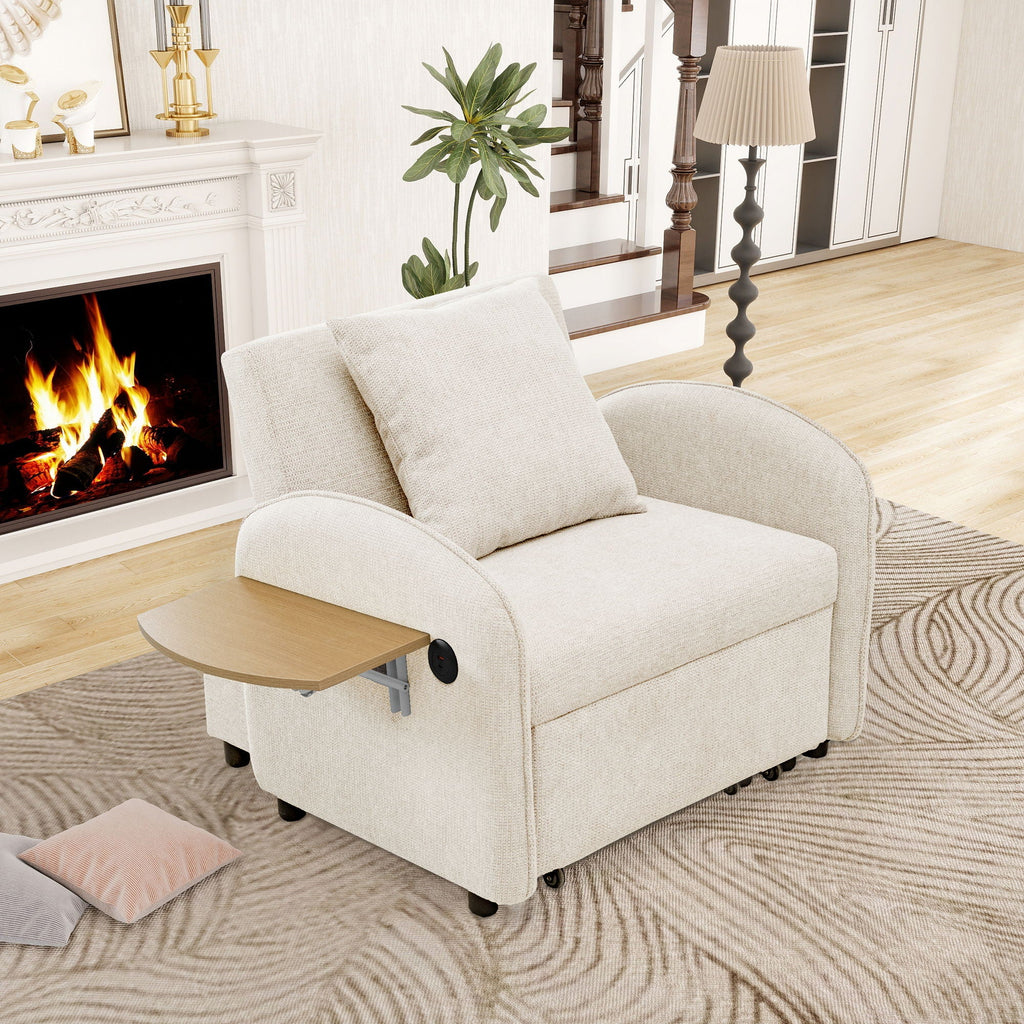 Convertible Single Chair Bed With Computer Board And USB Ports, 3 In 1 Sofa Bed - Beige